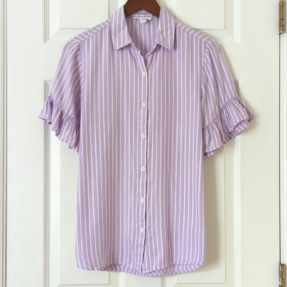 Beach Lunch Lounge Striped Ruffled Short Sleeve Button Down Blouse Purple XS - Picture 1 of 10